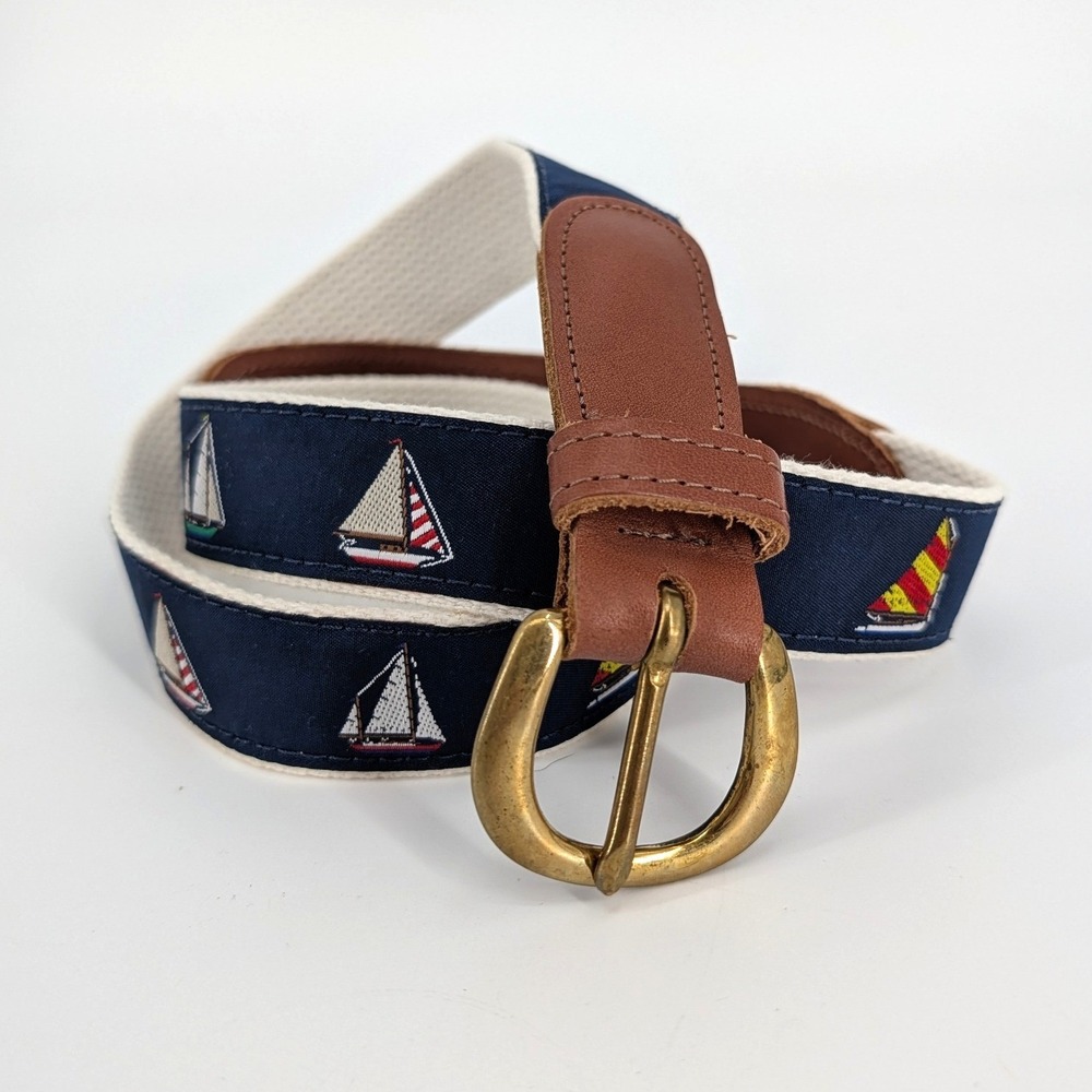 Sailboat Embroidered Nautical Nantucket Surcingle Belt Navy Cream Leather 35